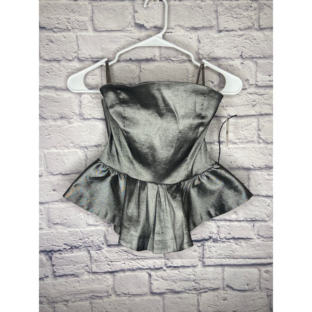 needii Silver Grey Strapless Corset Style Top, Peplum Ruffle SZ Small NEW W/TAG
